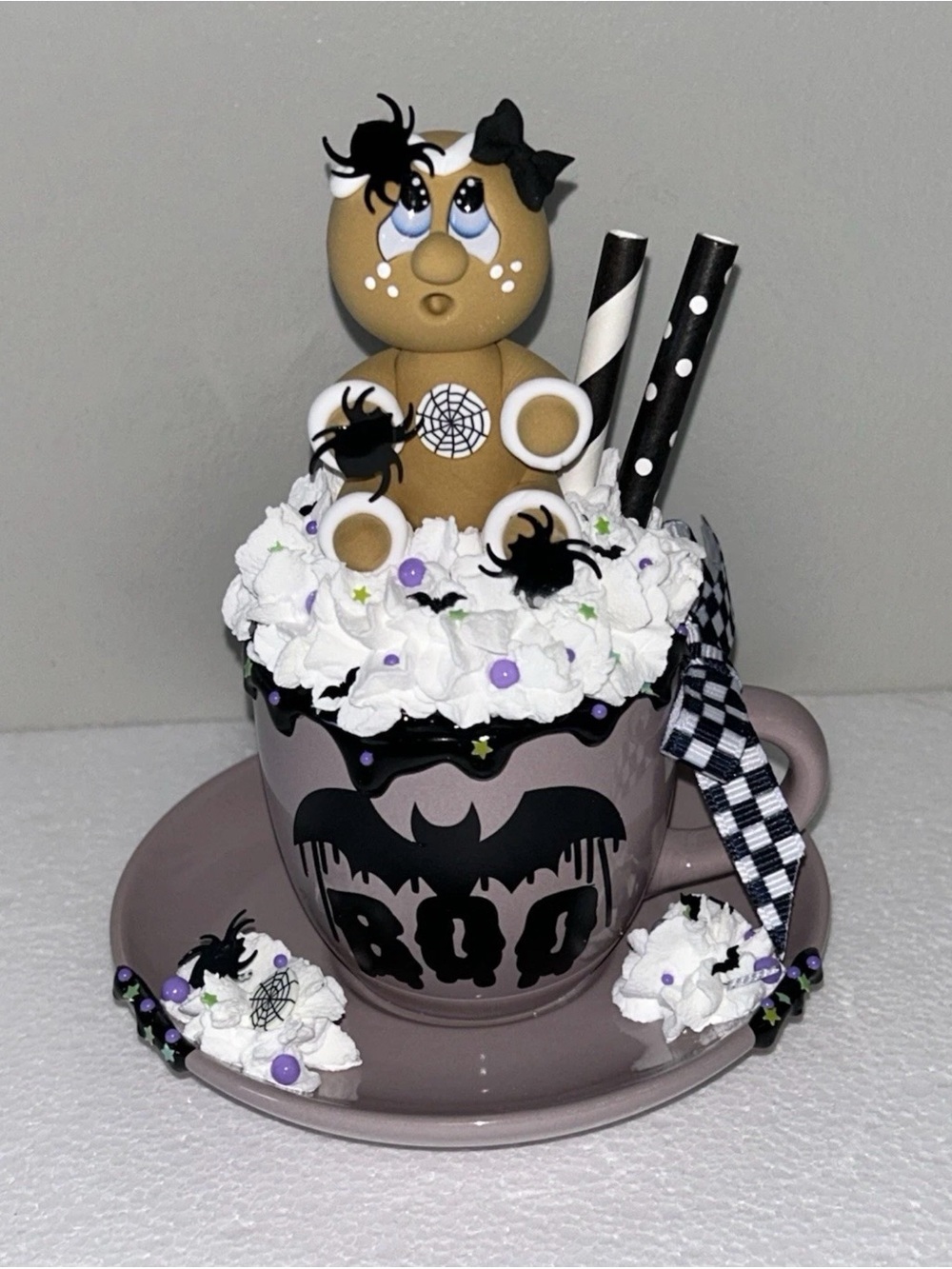 Halloween Gingerbread Boo Cup & Saucer Decoration - Purple Accent Handmade
